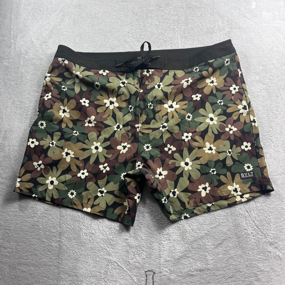 BYLT Premium Basics Men Floral Camo Board Shorts Green Brown Size 40 Swim Trunks